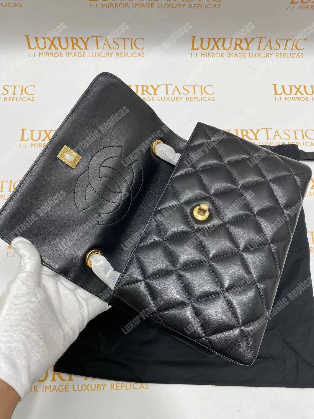 Ch*el small flap bag with top handle black-gold