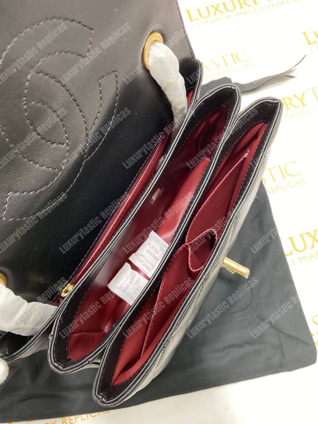 Ch*el small flap bag with top handle black-gold