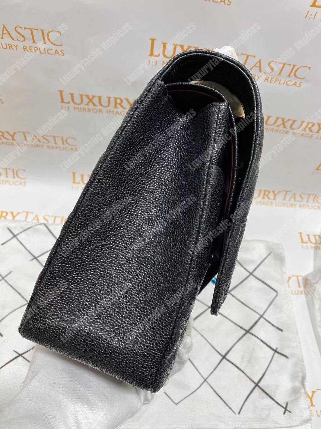 Ch*el classic maxi handbag black grained calfskin silver-toned