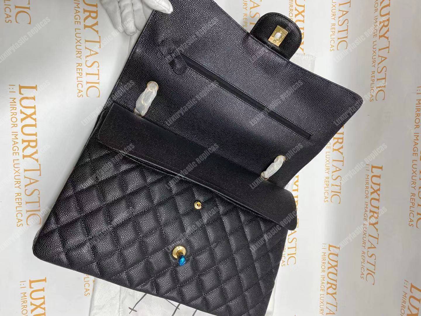 Ch*el classic maxi handbag black grained calfskin silver-toned