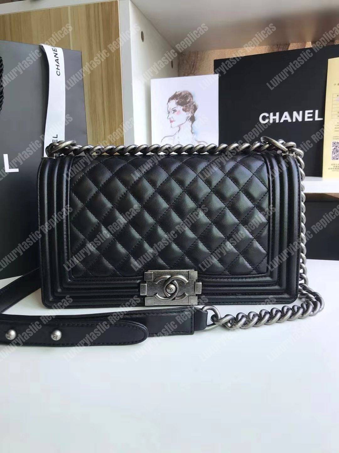 Ch*el boy medium handbag lambskin black