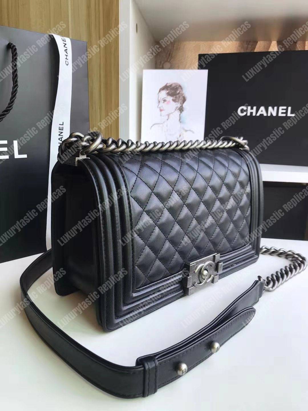 Ch*el boy medium handbag lambskin black