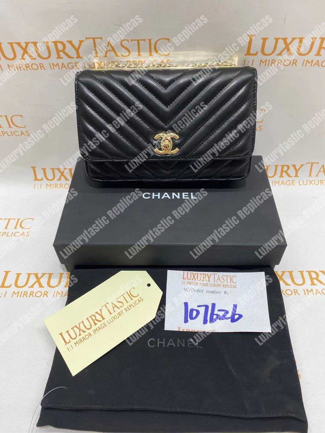 Ch*el wallet on chain – woc chevron lambskin gold-toned metal black