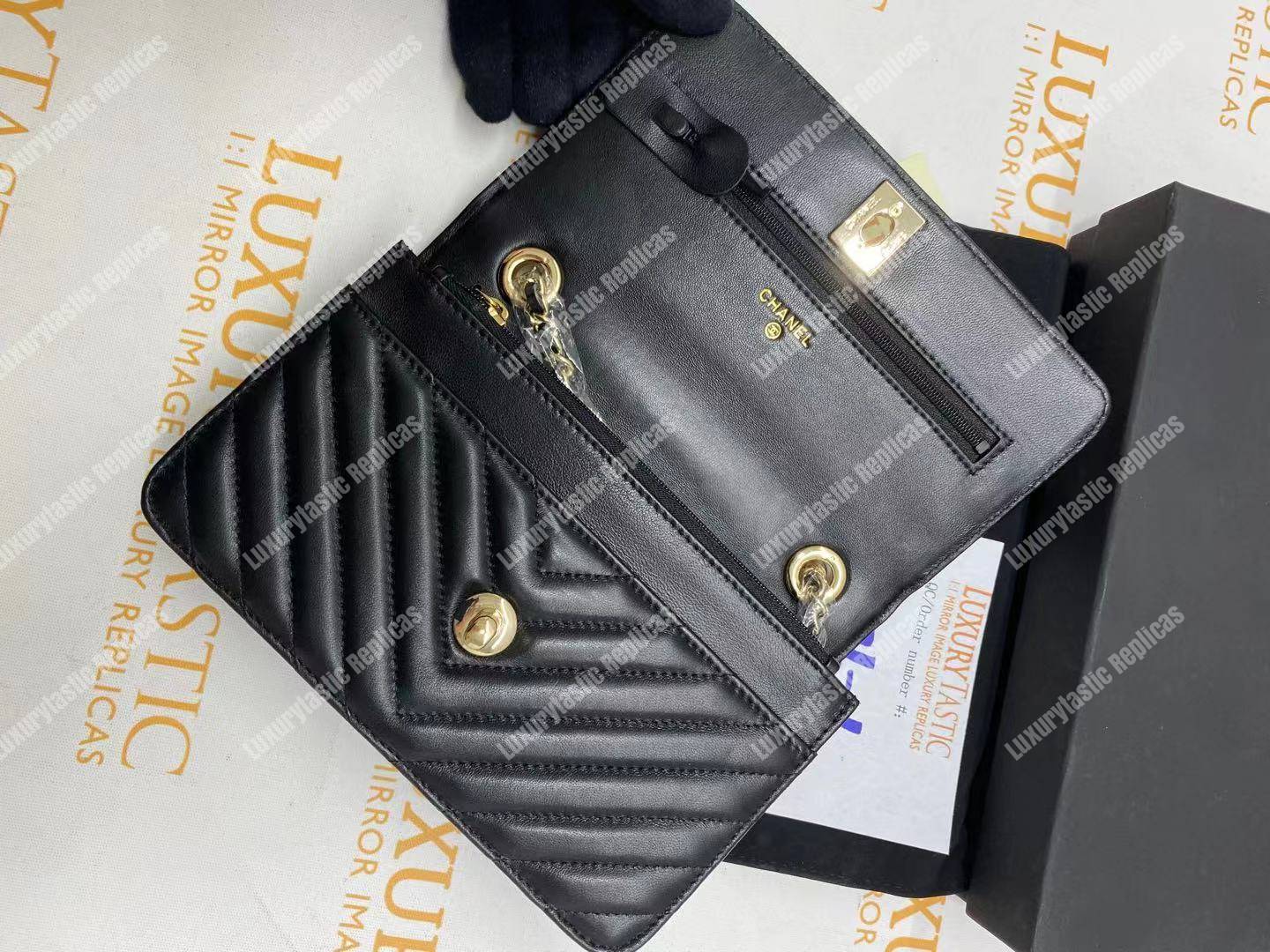 Ch*el wallet on chain – woc chevron lambskin gold-toned metal black