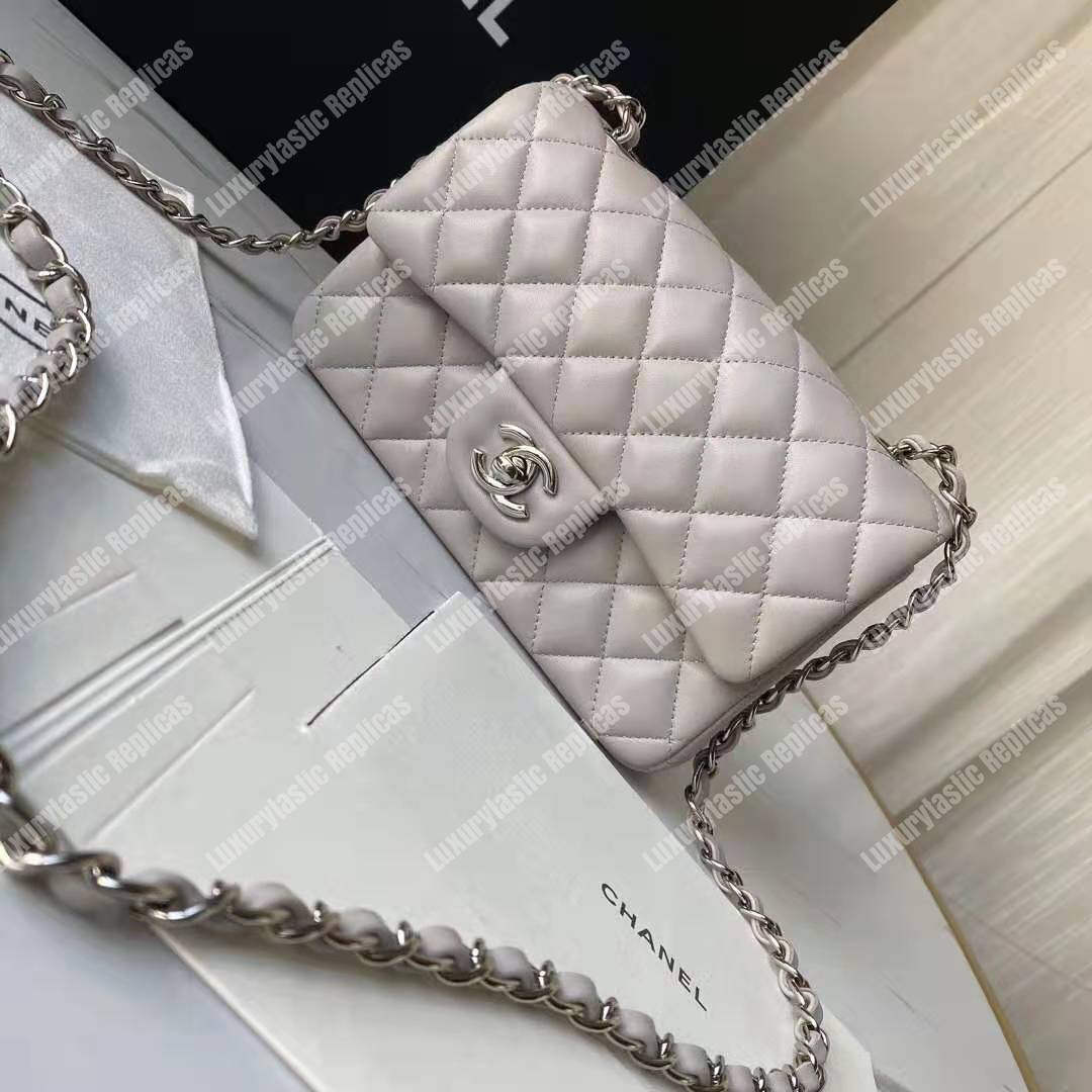 Ch*el mini flap bag light grey lambskin silver hardware