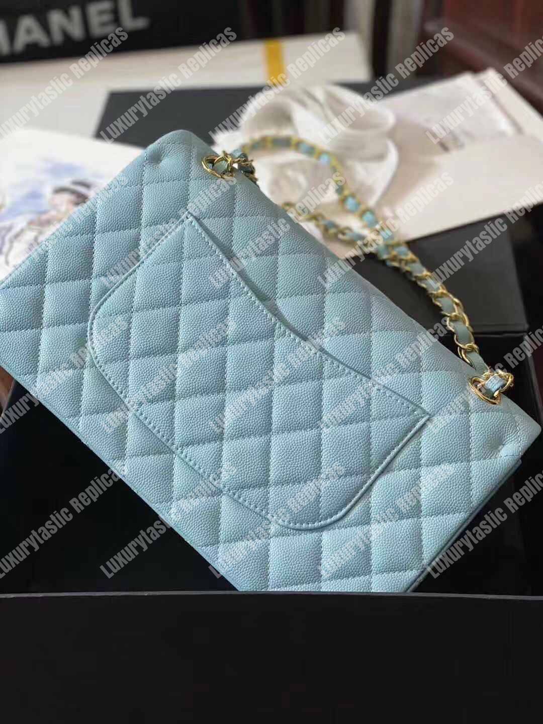 Ch*el medium classic handbag pale blue gold-tone metal