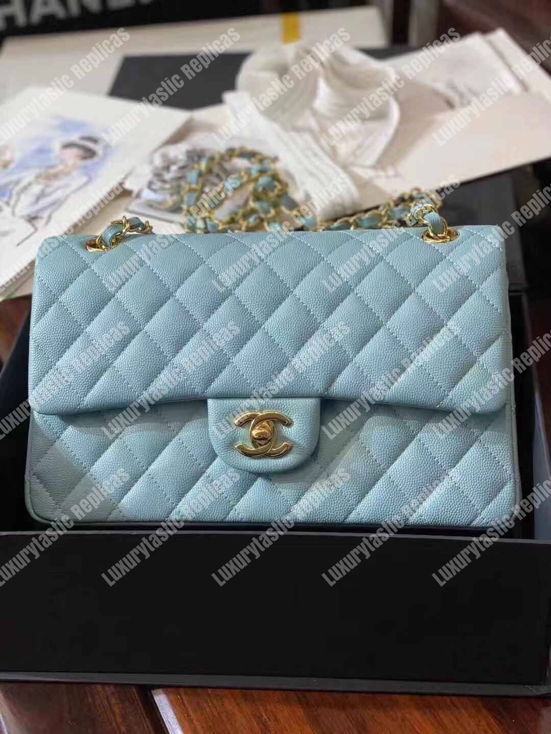 Ch*el medium classic handbag pale blue gold-tone metal