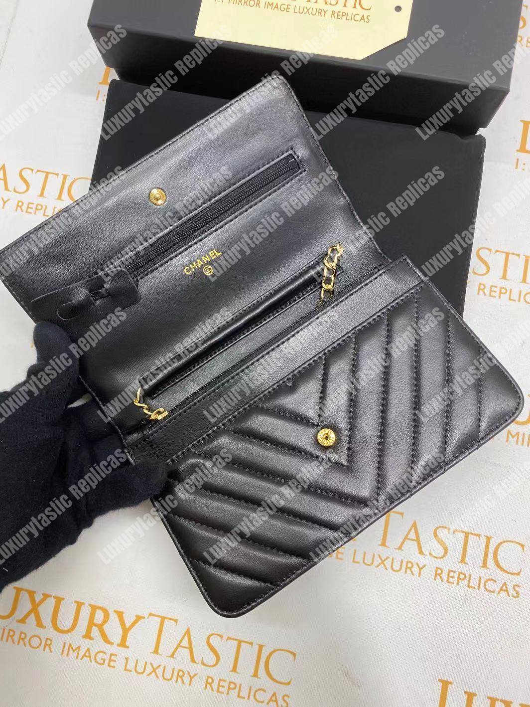 Ch*el wallet on chain – woc chevron lambskin black gold-toned