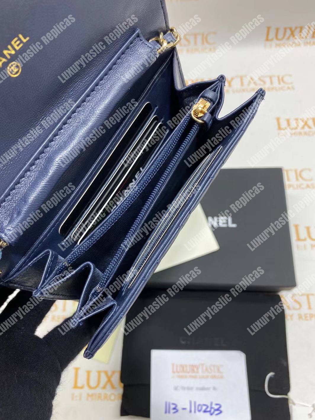 Ch*el classic clutch with chain – cwc lambskin blue silver-toned