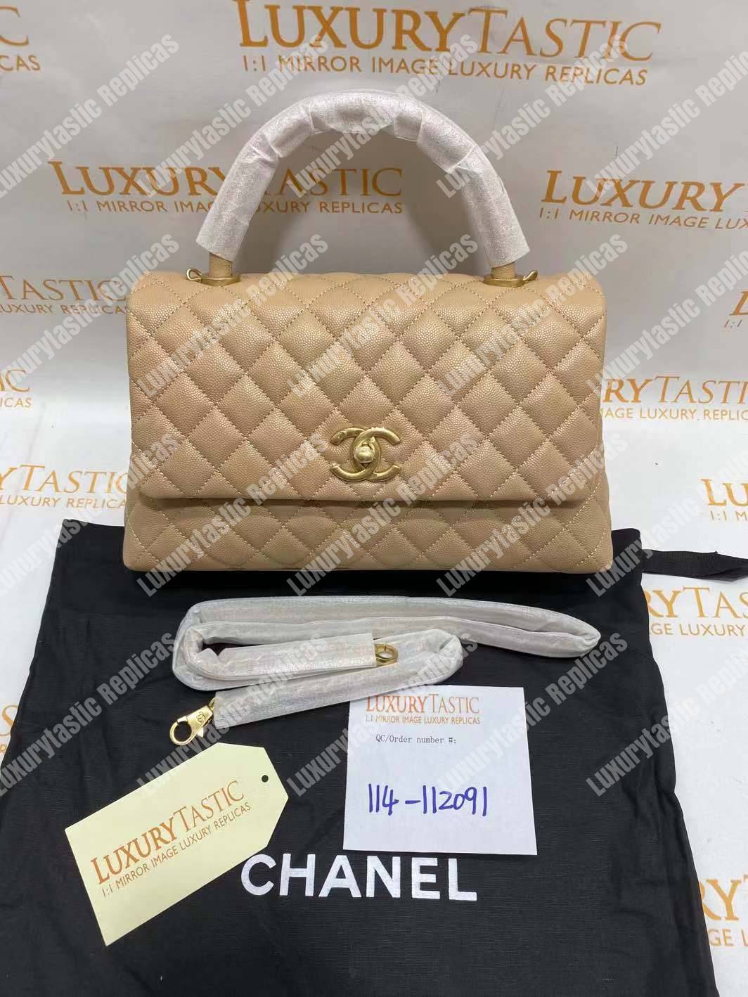 Ch*el flap bag with top handle beige