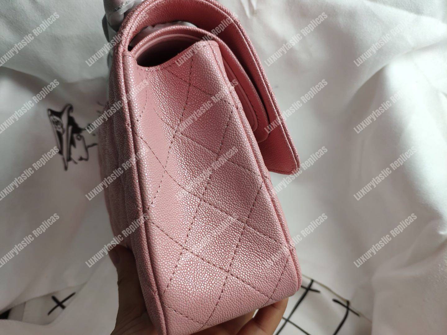 Ch*el caviar quilted medium double flap bag pink silver-tone