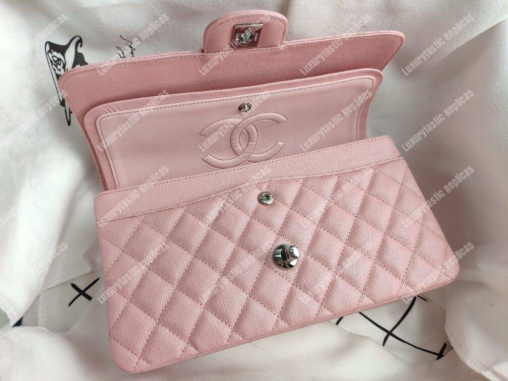 Ch*el caviar quilted medium double flap bag pink silver-tone