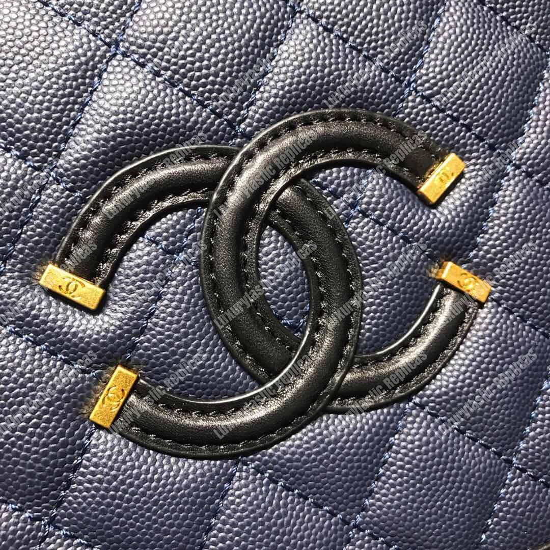 Ch*el filigree vanity case quilted medium navy blue