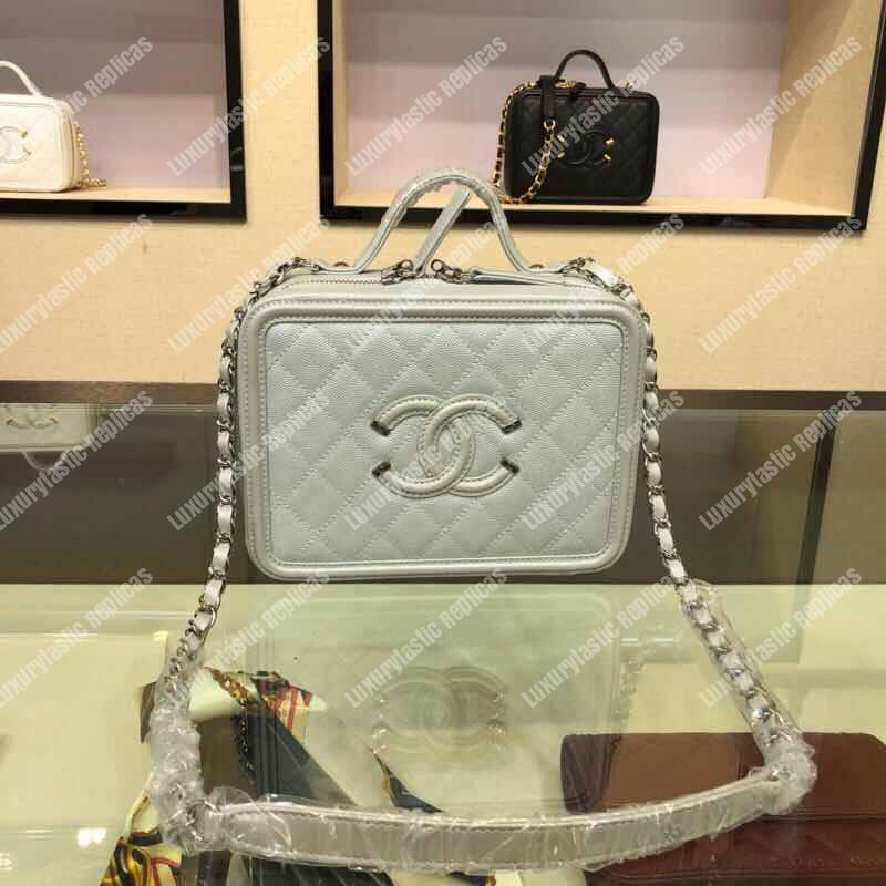 Ch*el filigree vanity case quilted medium grey