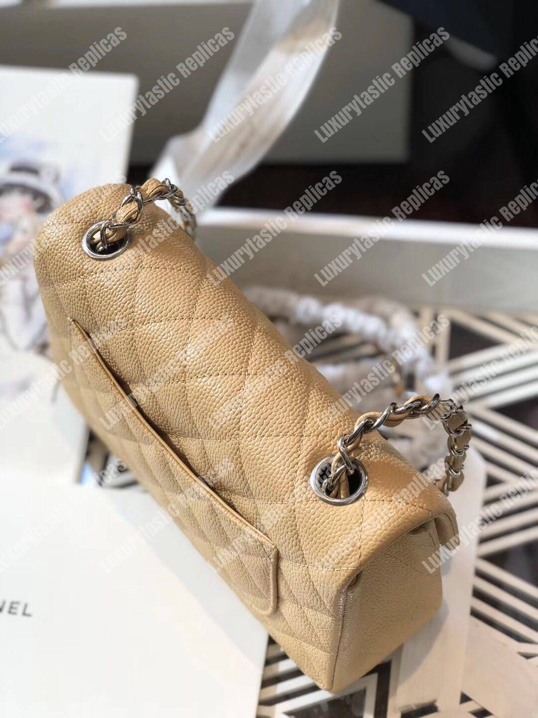 Ch*el mini classic rectangle flap bag beige