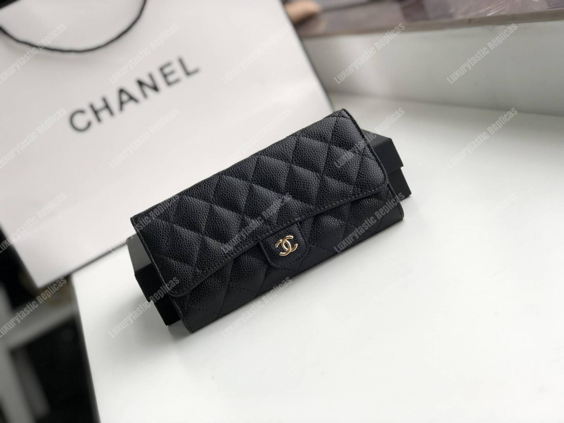 Ch*el classic long flap wallet black