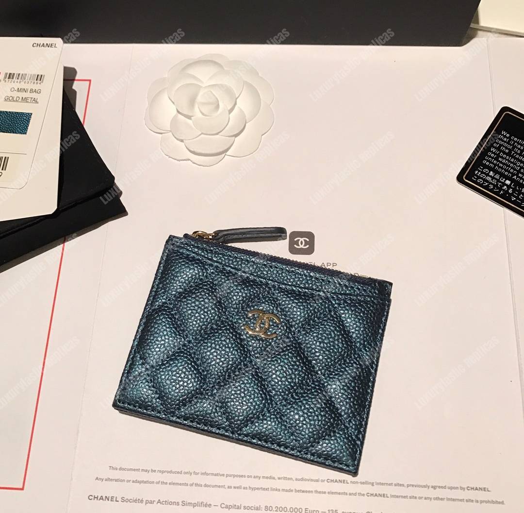 Ch*el classic card holder iridescent turquoise