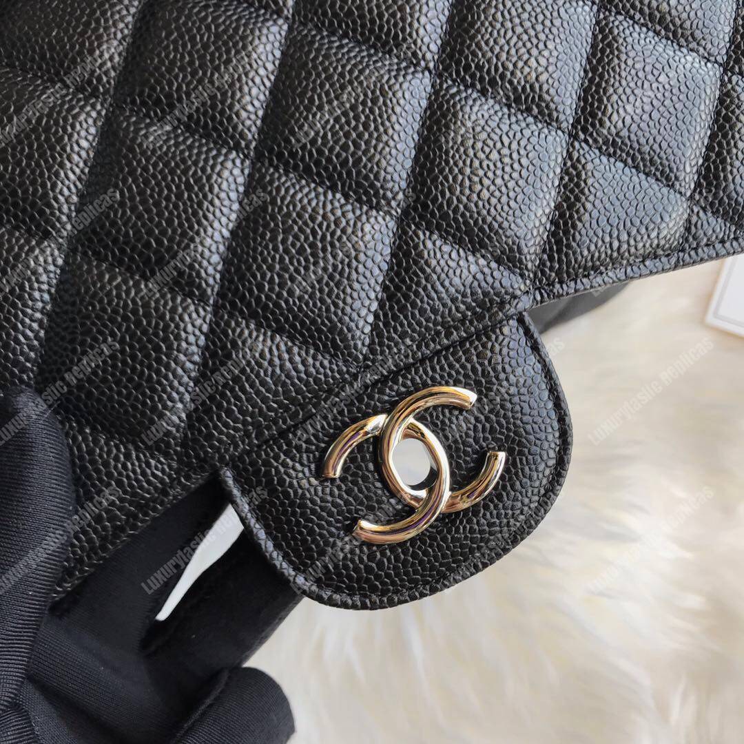 Ch*el classic maxi handbag black grained calfskin silver-toned