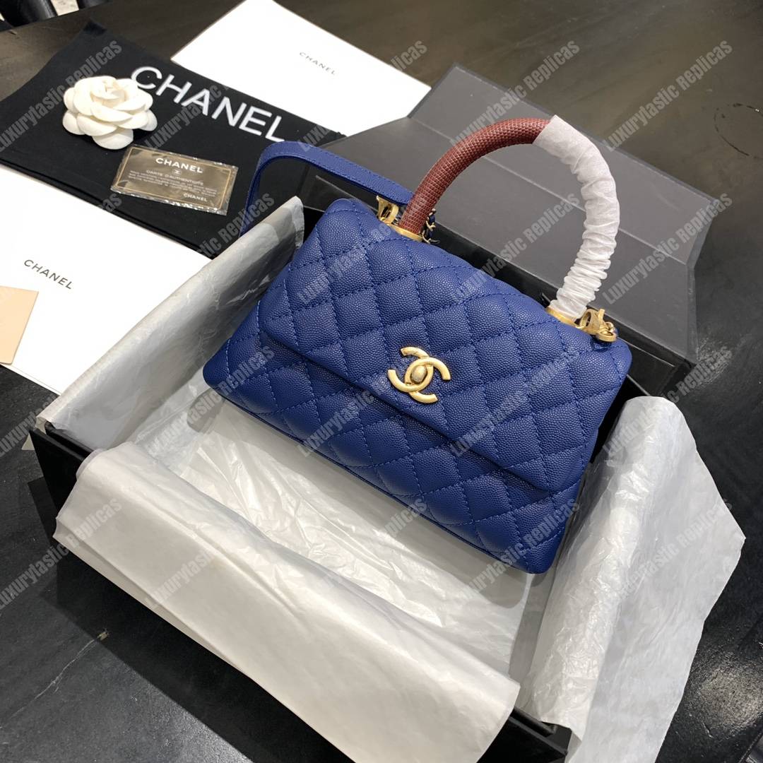 Ch*el flap bag with burgundy top handle caviar leather blue