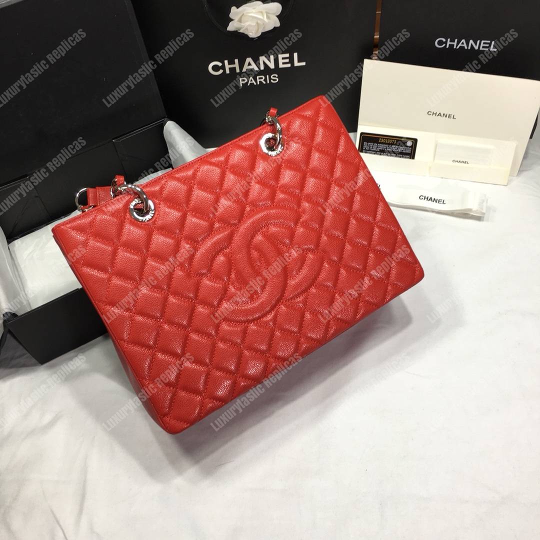 Ch*el large shopping tote silver tone red