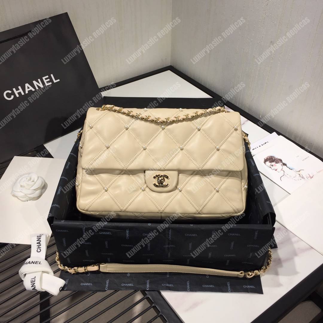 Ch*el flap bag iimitation pearls beige