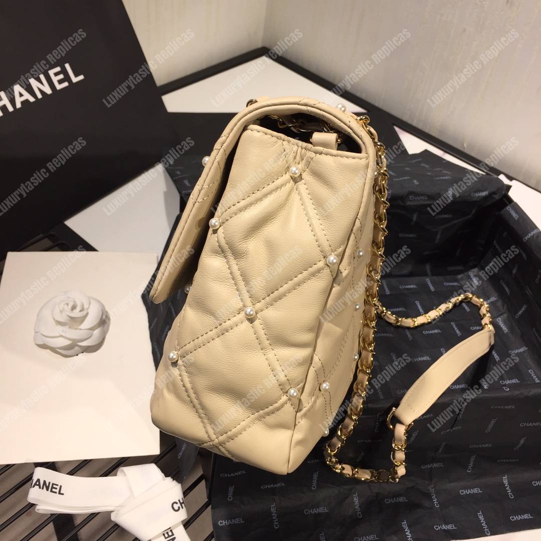 Ch*el flap bag iimitation pearls beige