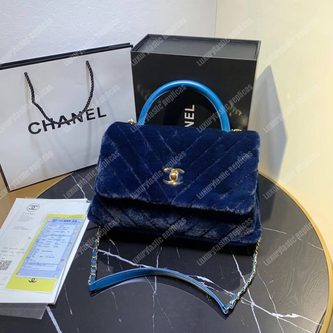 Ch*el flap bag with top handle blue
