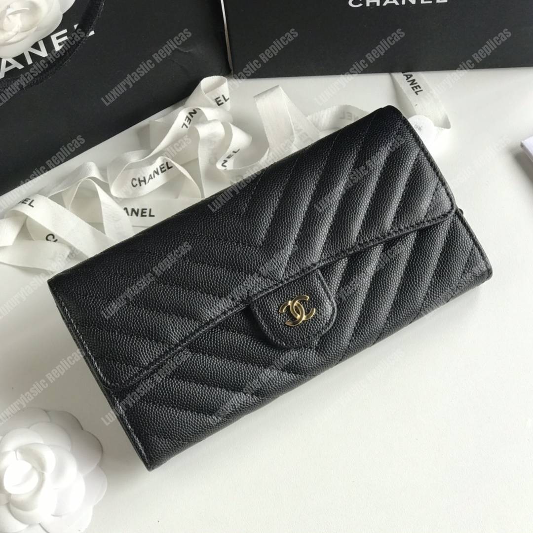 Ch*el classic long flap wallet gold tone black
