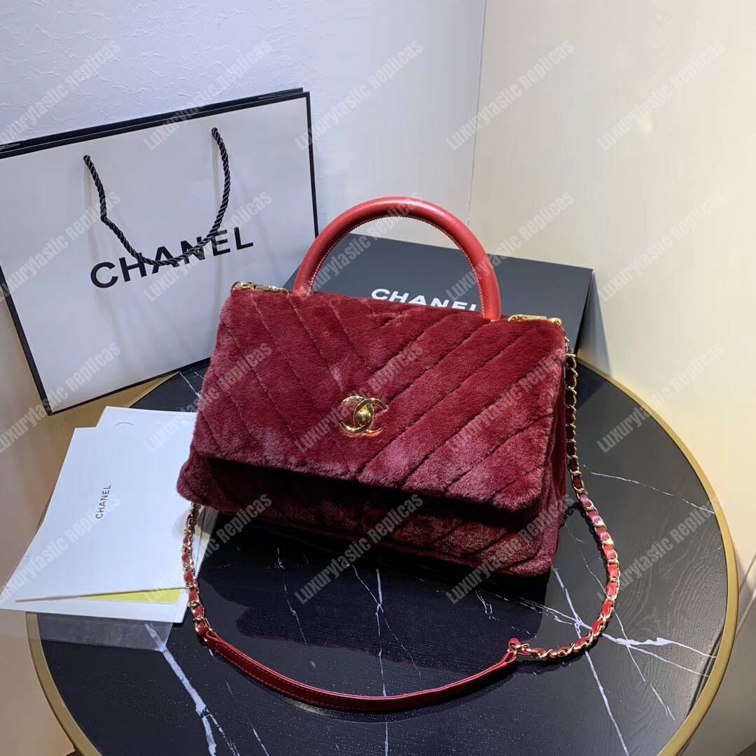 Ch*el flap bag with top handle burgundy