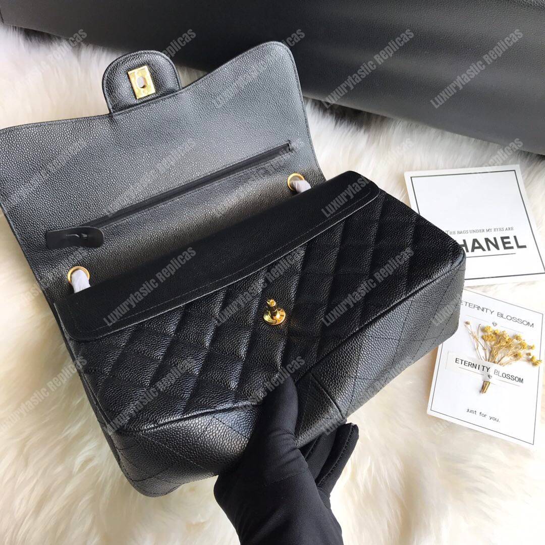 Ch*el classic maxi handbag black grained calfskin gold-toned