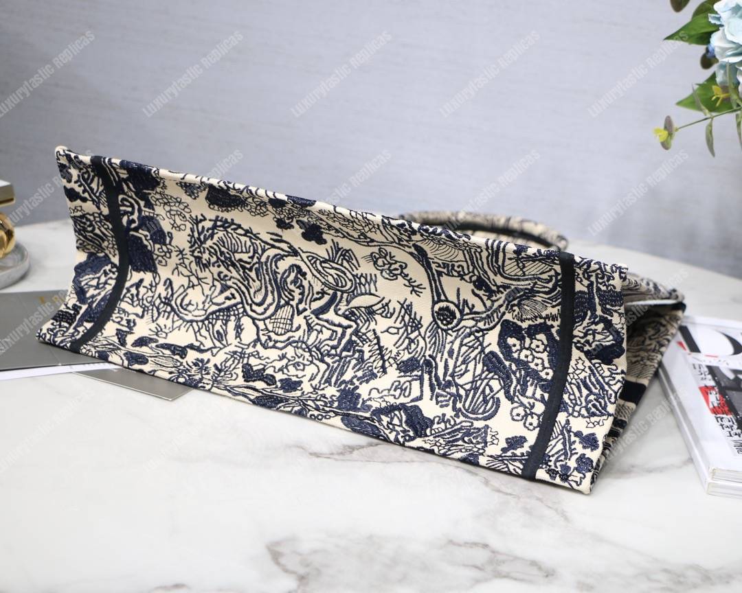 D*or book tote bag embroidered black & white toile de jouy carnivora