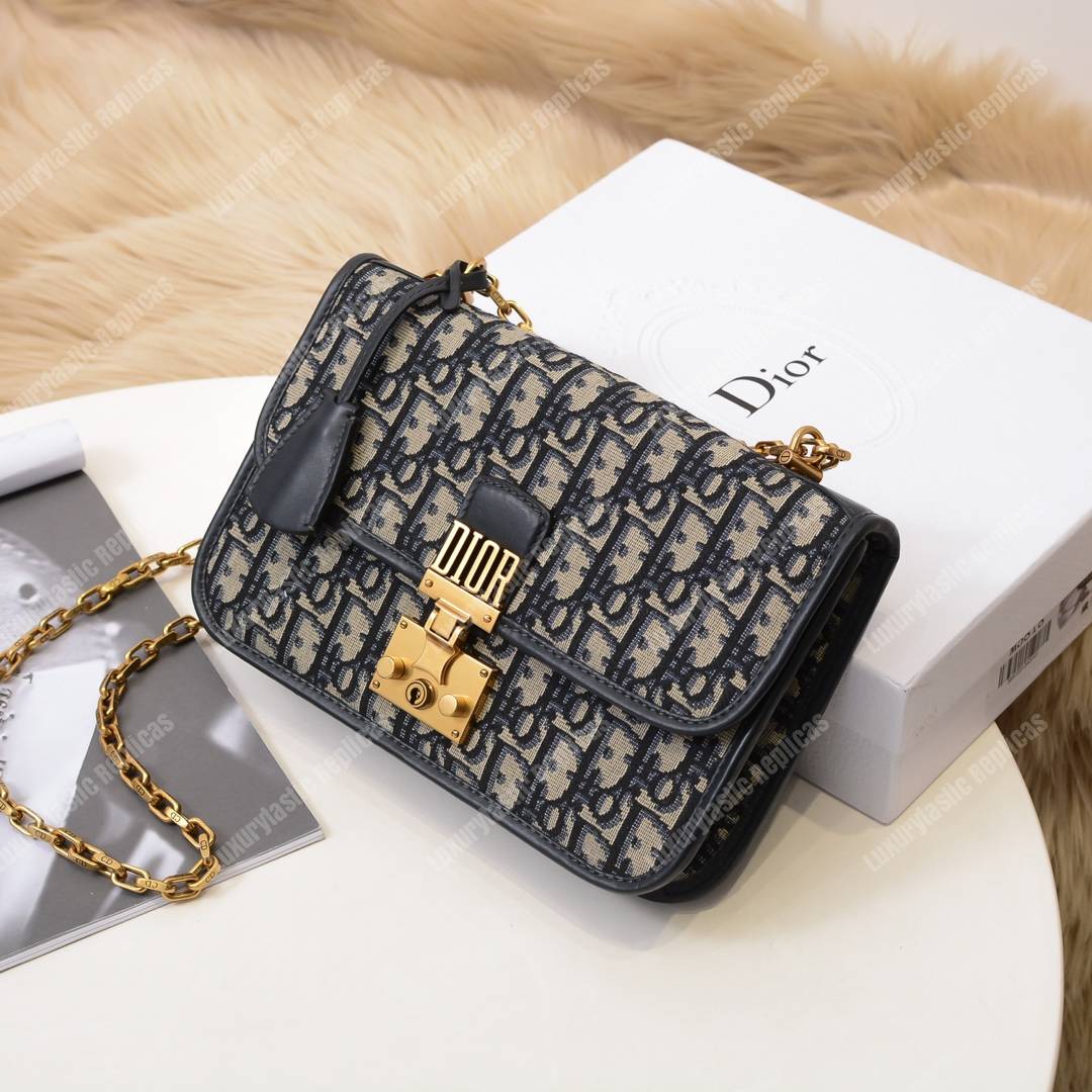 D*or addict flap bag blue oblique canvas with chain