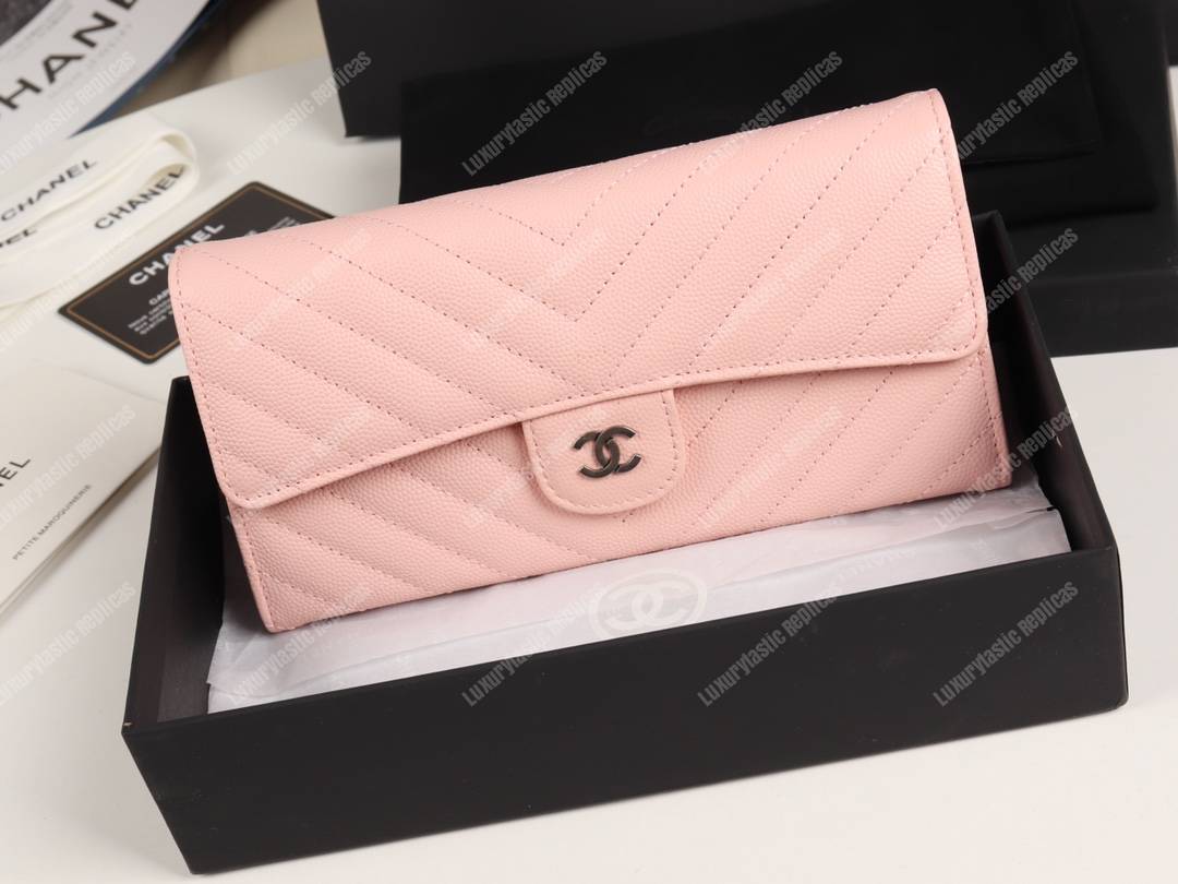Ch*el classic long flap wallet chevron caviar pink