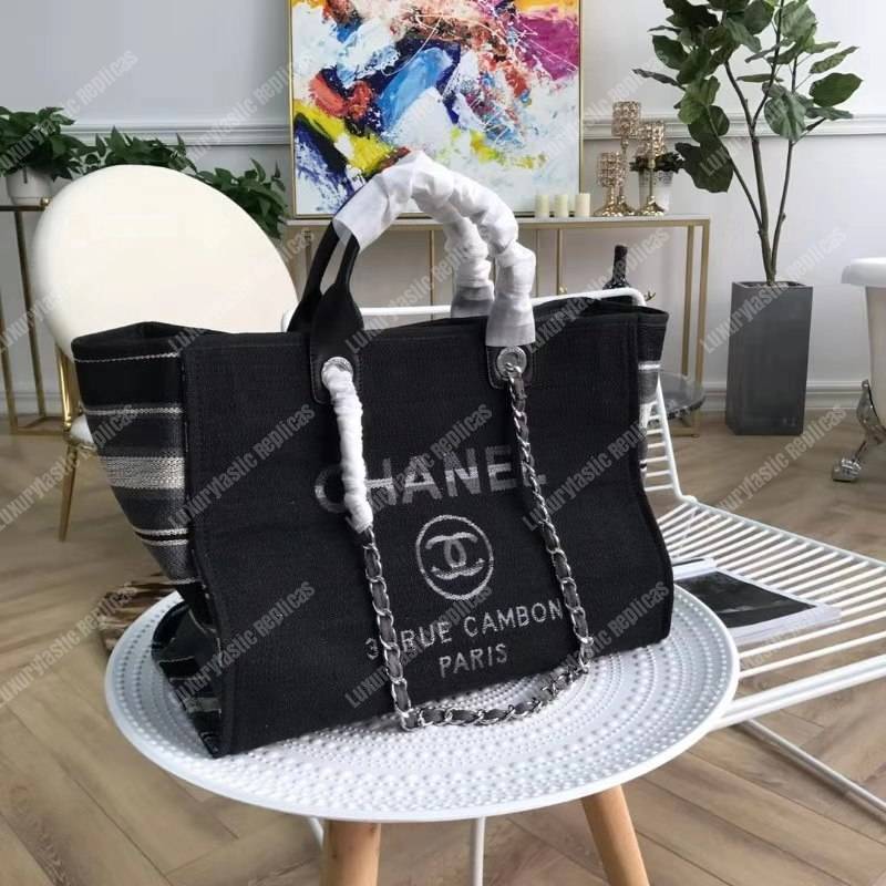 Ch*el deauville fabric tote black with grey, black and white stripes