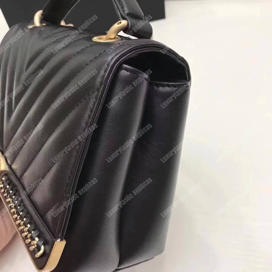 Ch*el chevron stitched chain top handle flap bag black