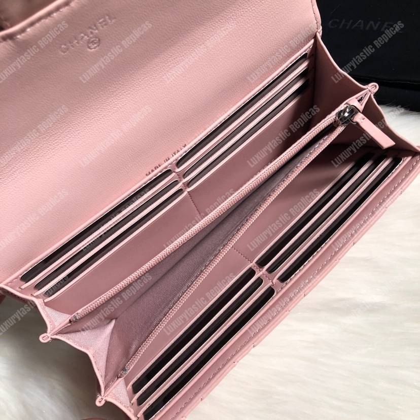 Ch*el classic long flap wallet silver tone pink
