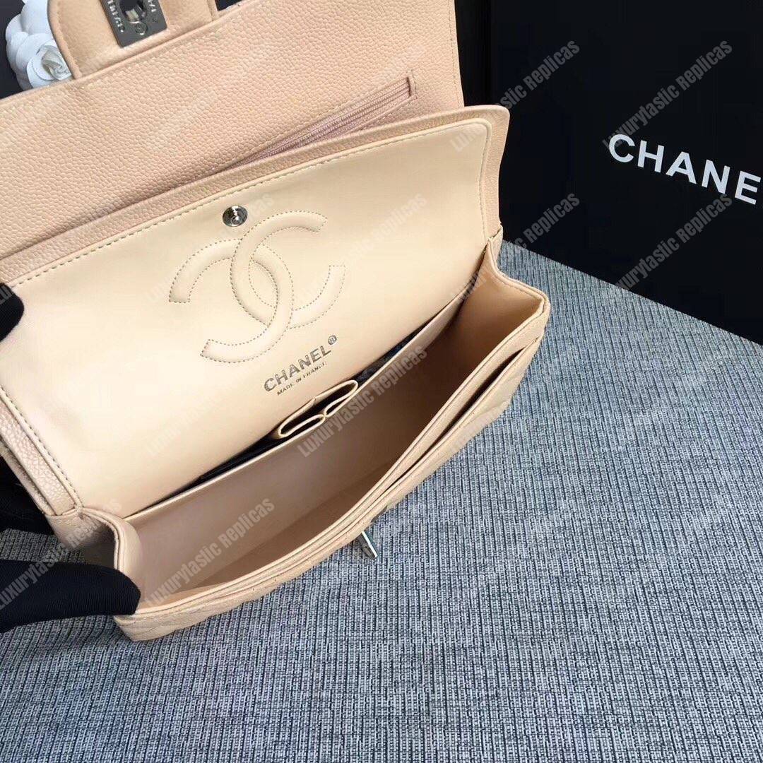 Ch*el medium classic handbag beige silver-tone metal