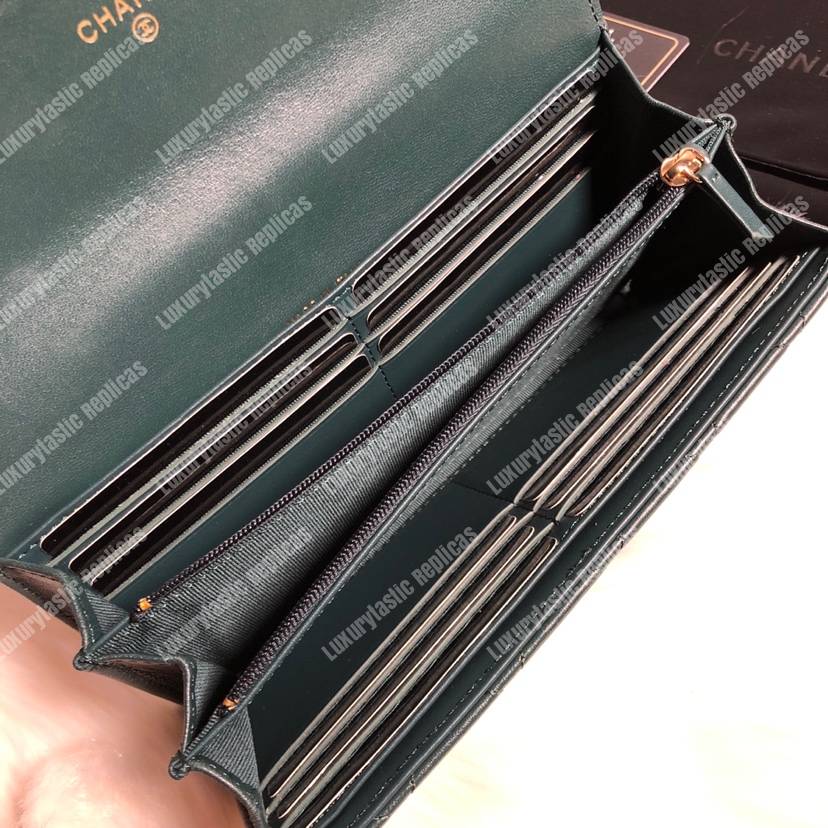 Ch*el classic long flap wallet lambskin leather green