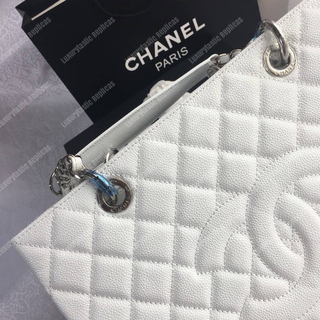 Ch*el large shopping tote silver tone white