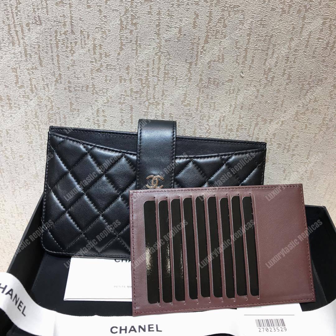 Ch*el classic pouch lambskin leather silver tone black