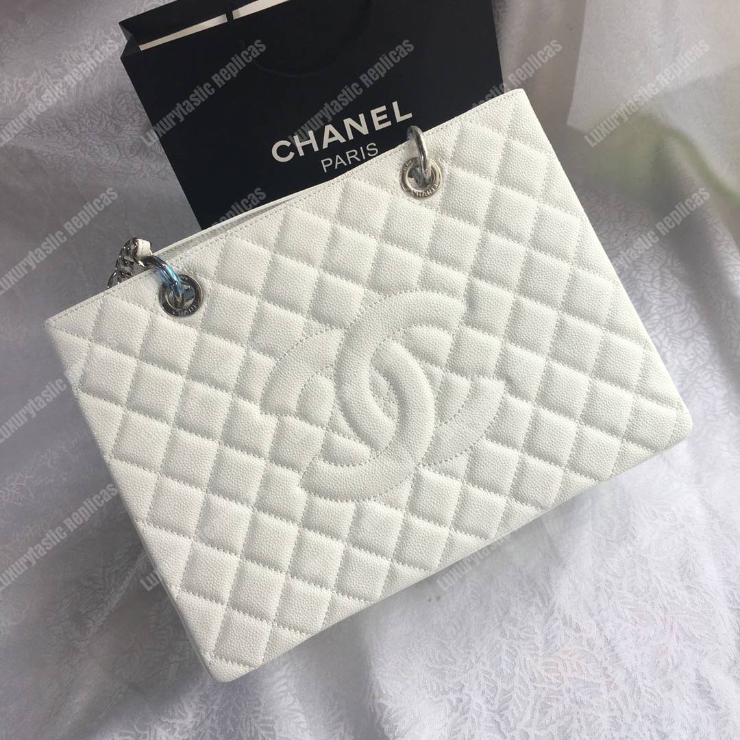 Ch*el large shopping tote silver tone white