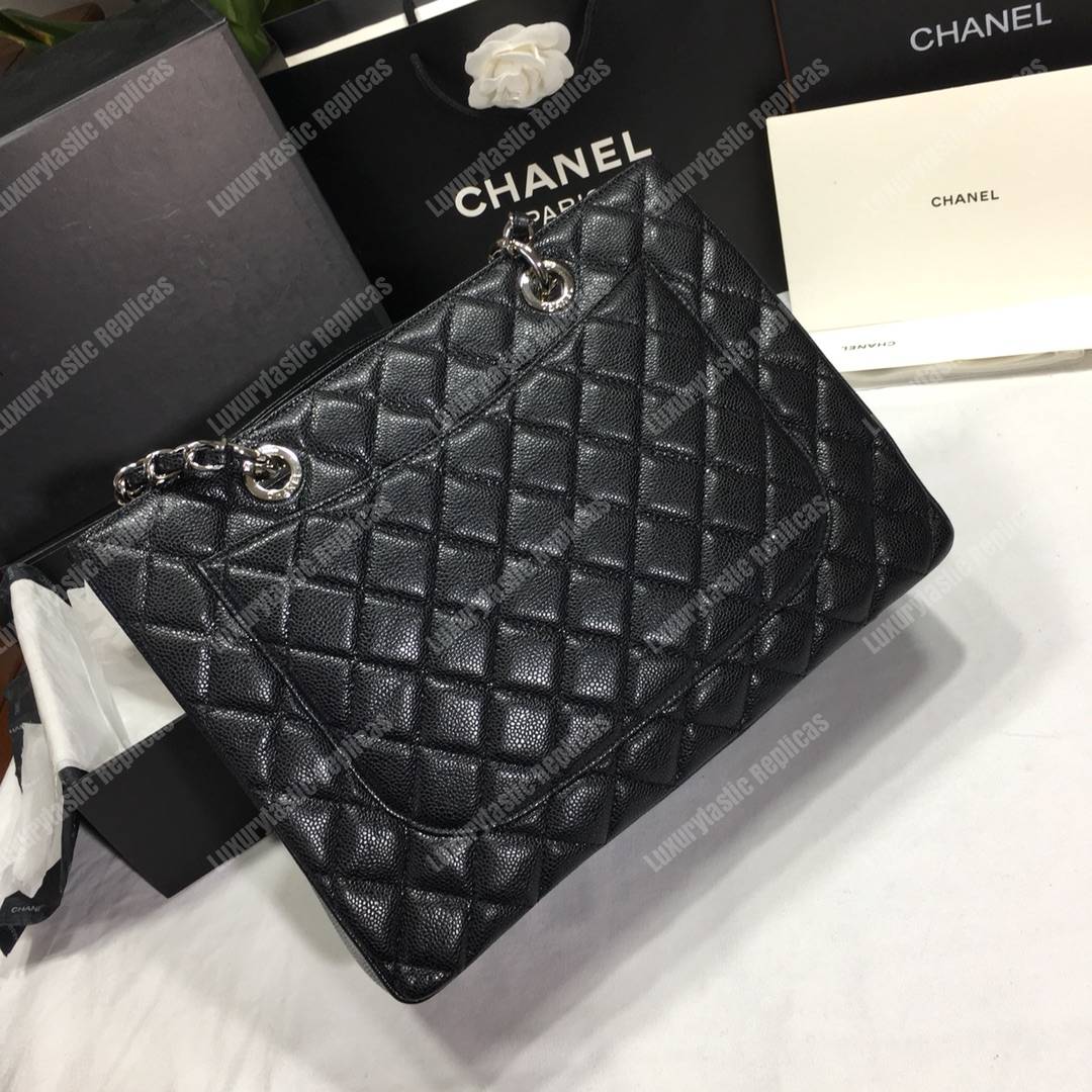 Ch*el large shopping tote silver tone black
