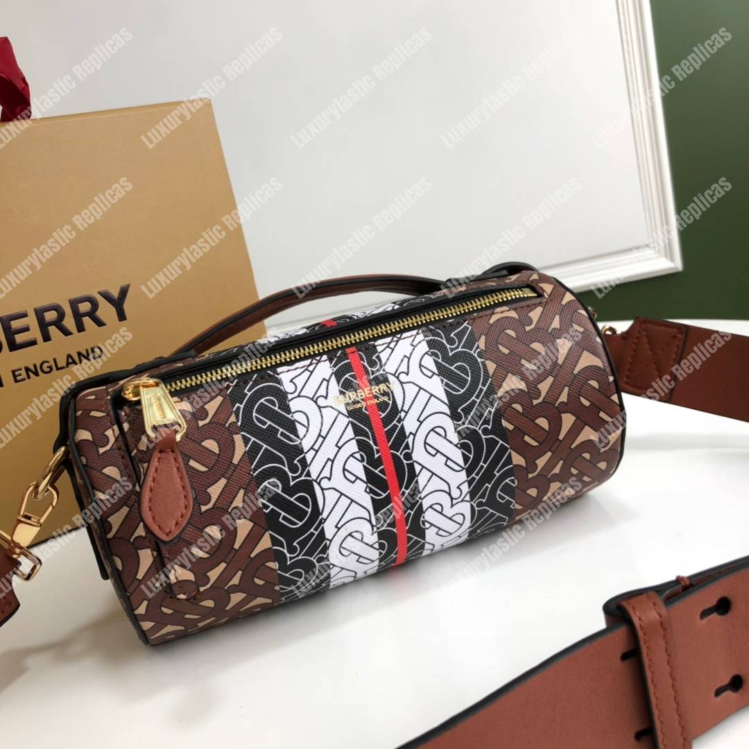 B**rry the monogram stripe e-canvas and leather barrel bag bridle brown