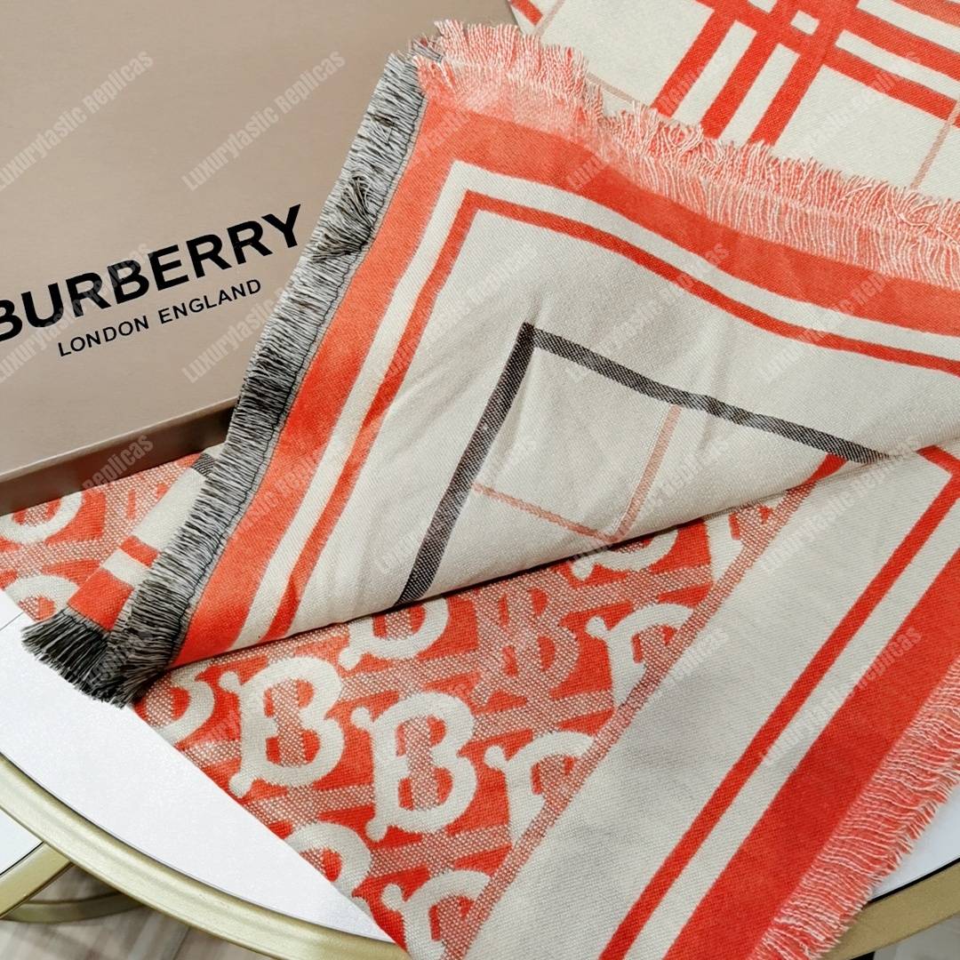 B**rry check, monogram and striped print silk scarf orange