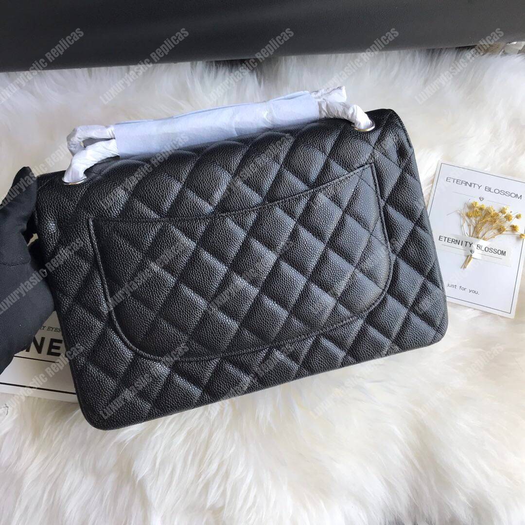 Ch*el classic maxi handbag black grained calfskin silver-toned