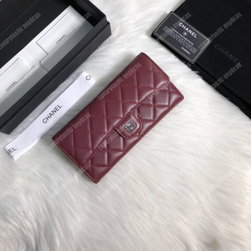 Ch*el classic long flap wallet lambskin leather burgundy