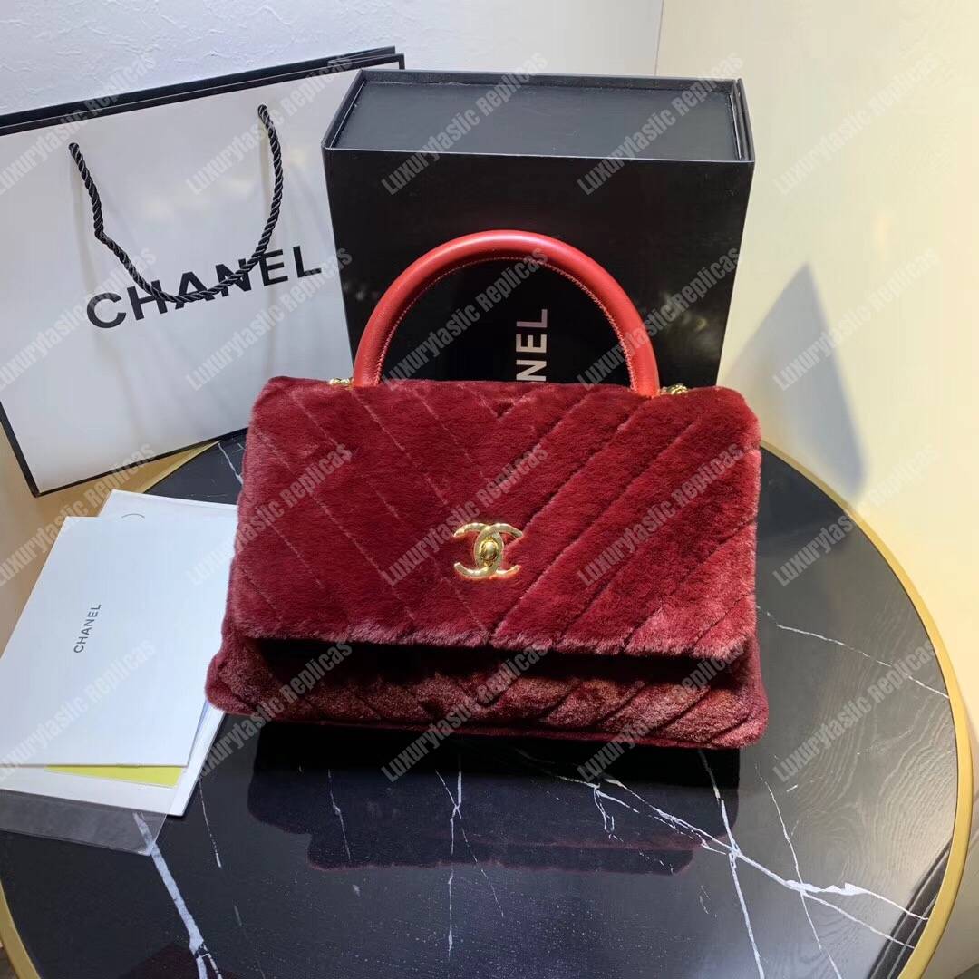 Ch*el flap bag with top handle burgundy