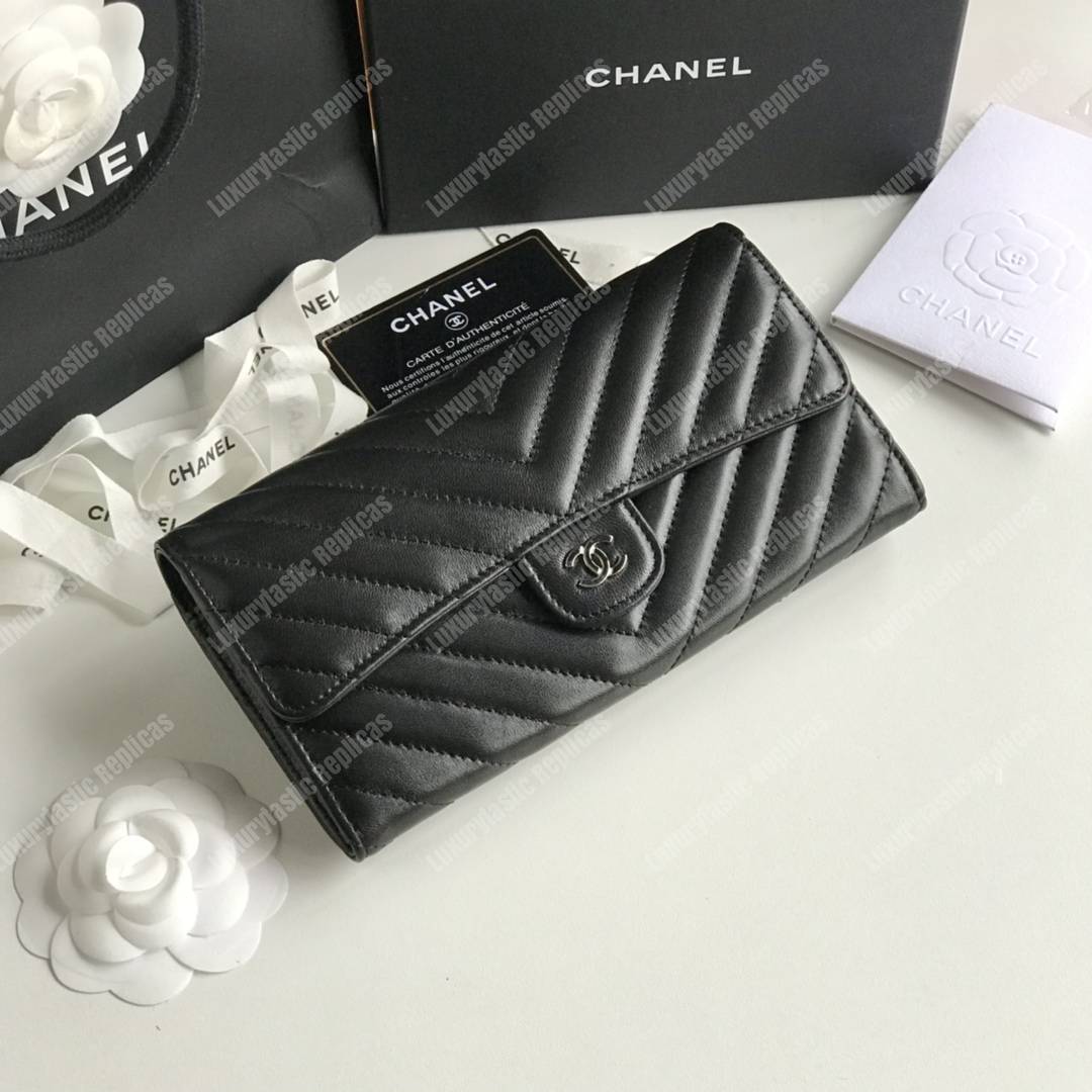 Ch*el classic long flap wallet chevron lambskin black