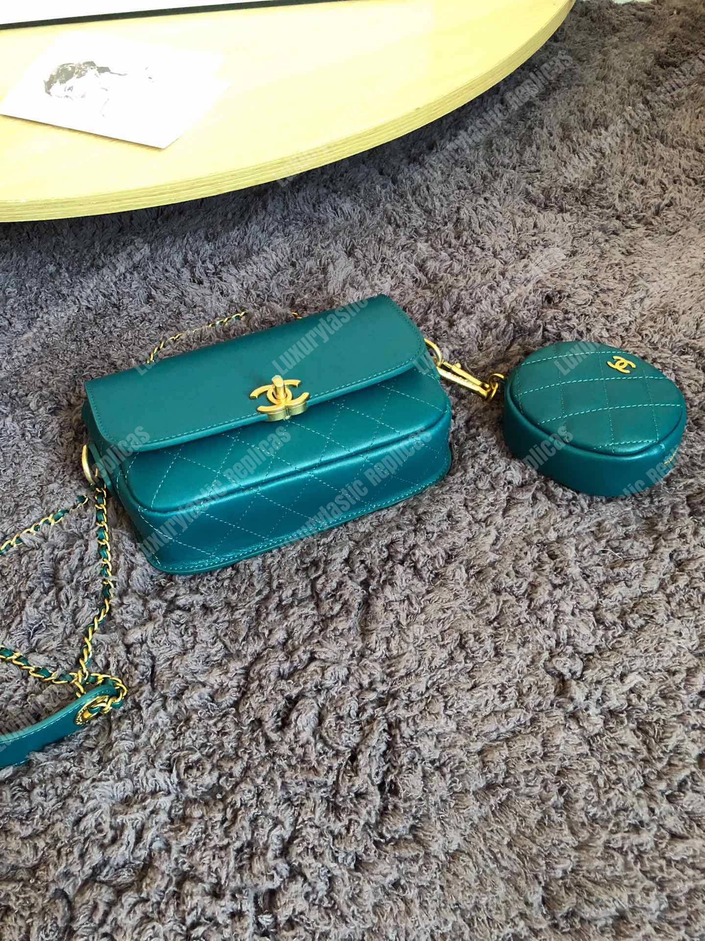 Ch*el flap bag & coin purse blue