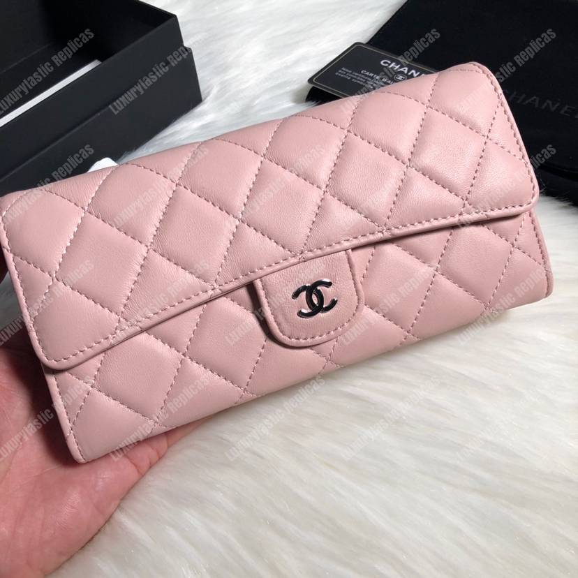 Ch*el classic long flap wallet silver tone pink